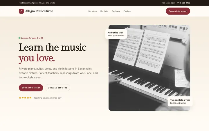 Allegro Music Studio showcase website, desktop view