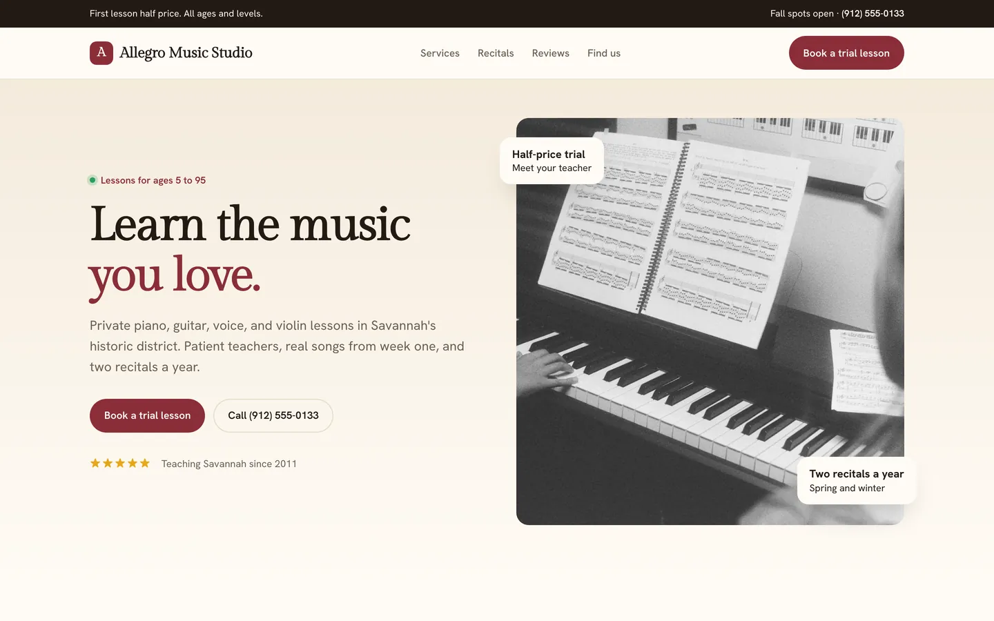 Allegro Music Studio, a showcase music lessons website built by WeBuildYours