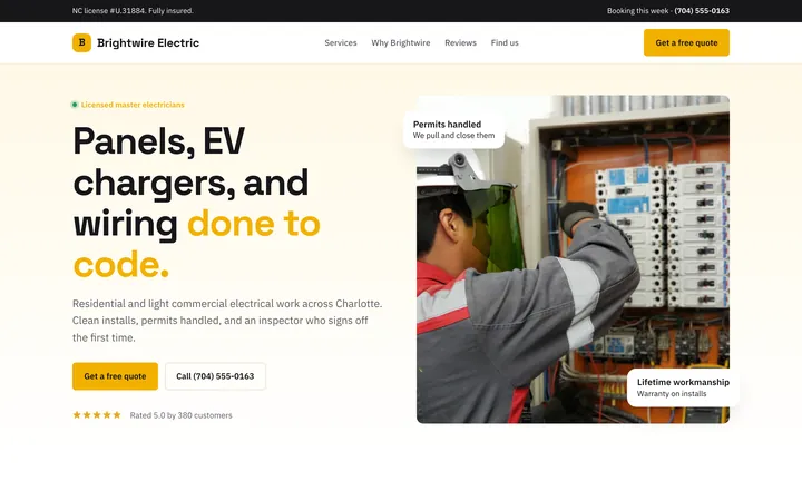 Brightwire Electric showcase website, desktop view