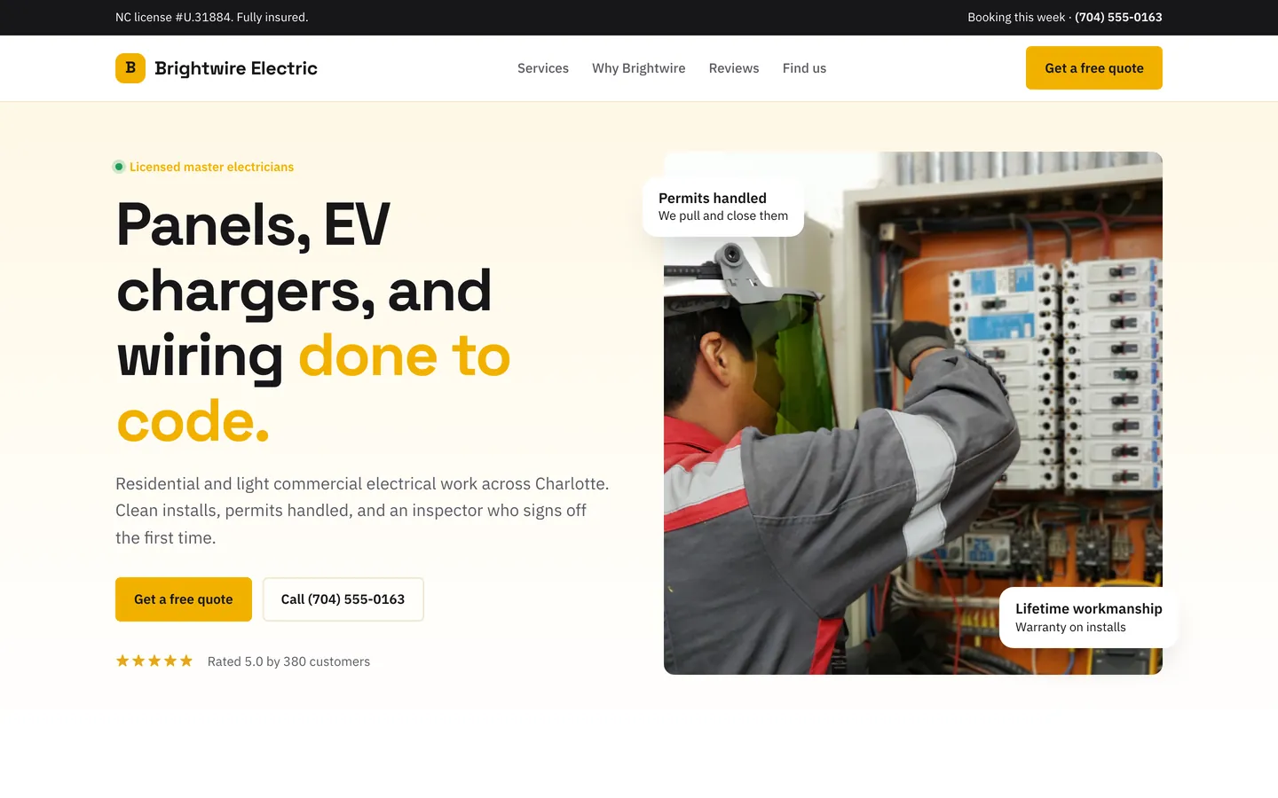 Brightwire Electric, a showcase electrician website built by WeBuildYours