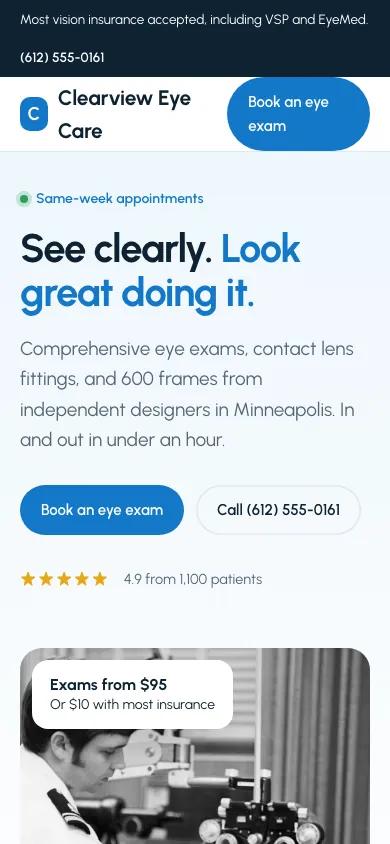 Clearview Eye Care on a phone