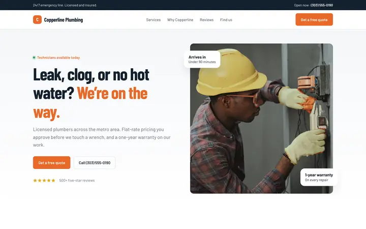 Copperline Plumbing showcase website, desktop view