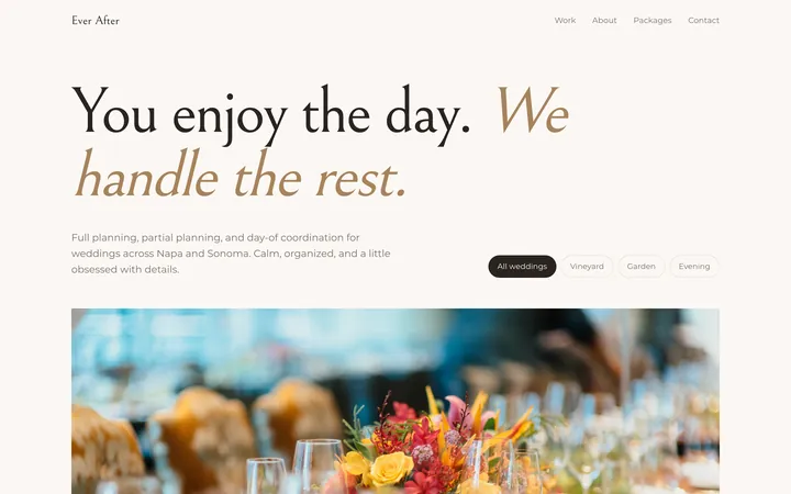 Ever After Events showcase website, desktop view