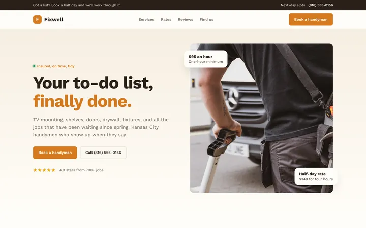 Fixwell showcase website, desktop view