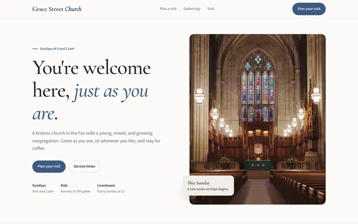 Grace Street Church showcase website, desktop view