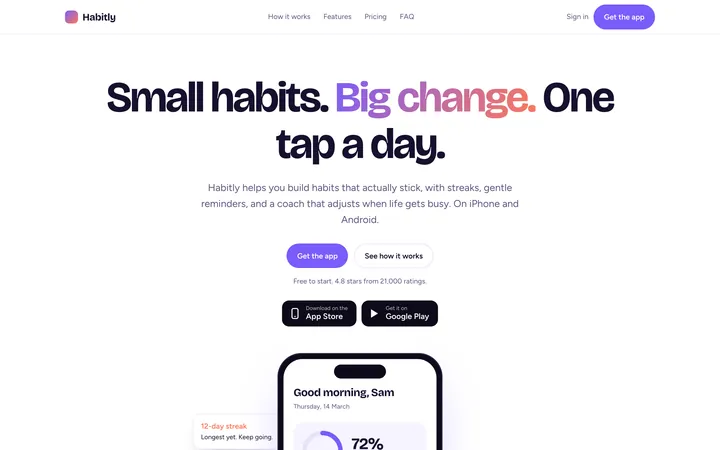 Habitly showcase website, desktop view