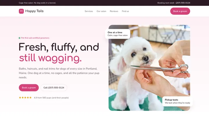 Happy Tails showcase website, desktop view