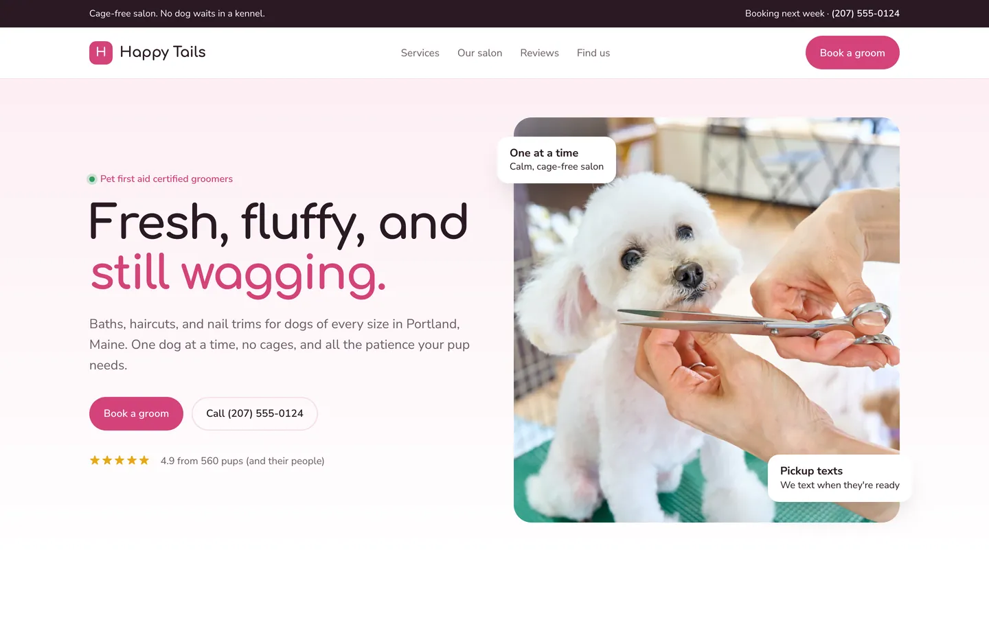 Happy Tails, a showcase dog groomer website built by WeBuildYours