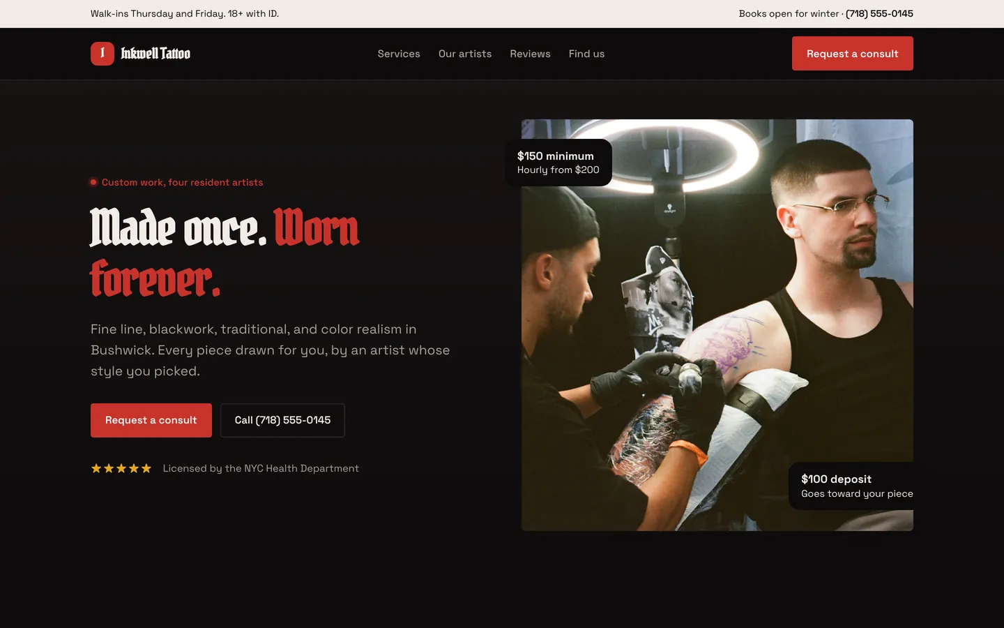 Inkwell Tattoo, a showcase tattoo studio website built by WeBuildYours
