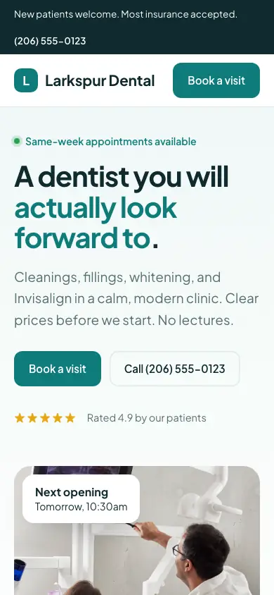 Larkspur Dental on a phone