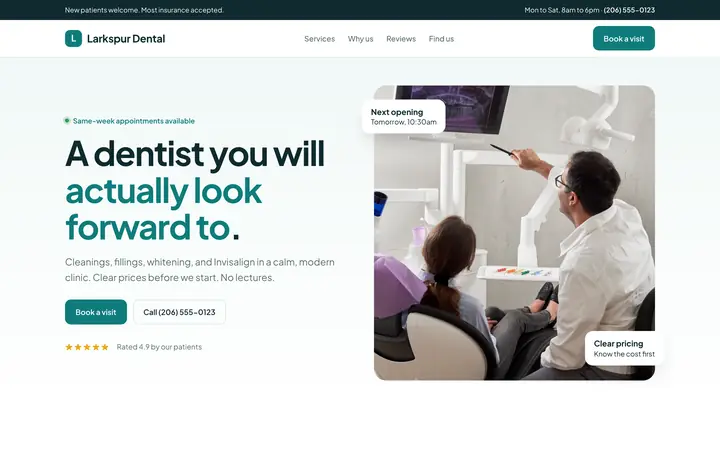 Larkspur Dental showcase website, desktop view