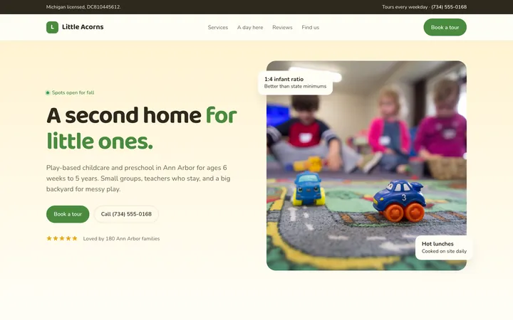 Little Acorns showcase website, desktop view