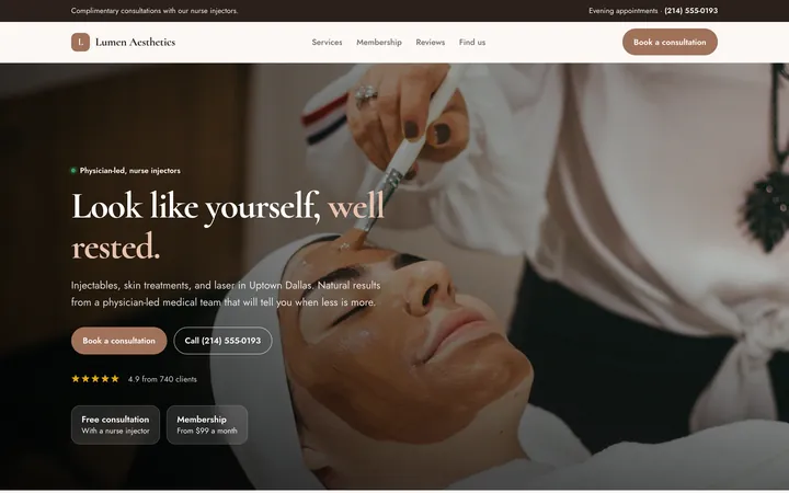 Lumen Aesthetics showcase website, desktop view