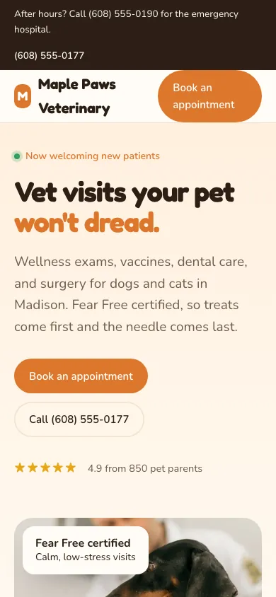 Maple Paws Veterinary on a phone
