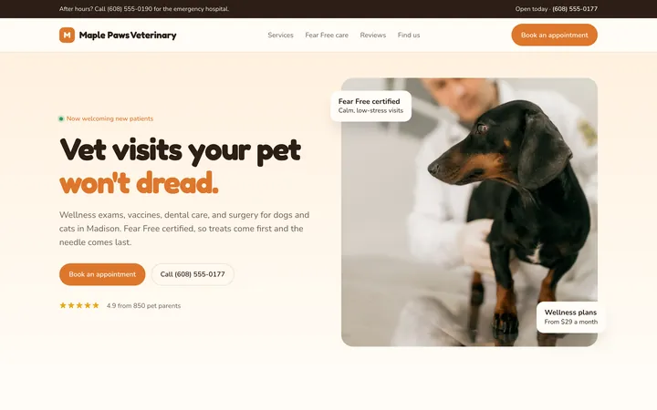 Maple Paws Veterinary showcase website, desktop view