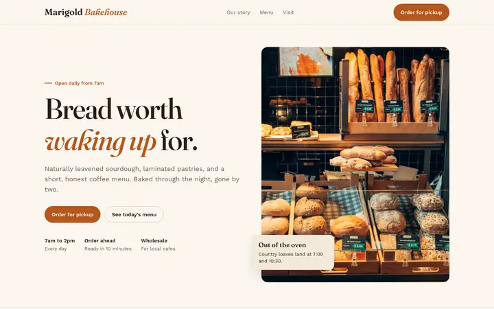 Marigold Bakehouse showcase website, desktop view
