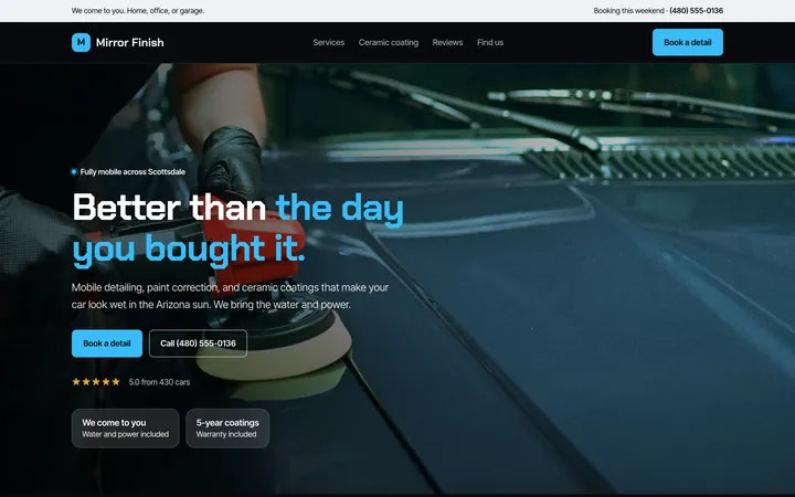 Mirror Finish showcase website, desktop view