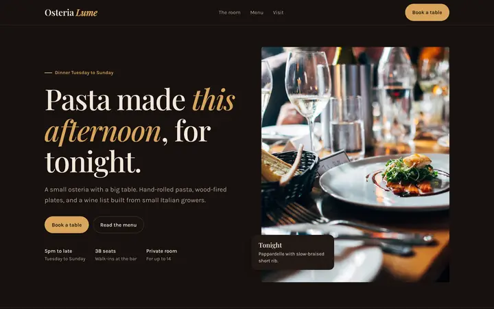 Osteria Lume showcase website, desktop view