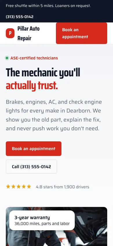 Pillar Auto Repair on a phone