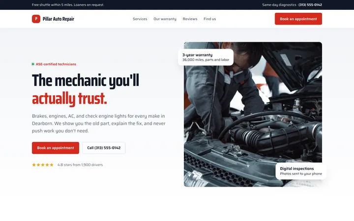 Pillar Auto Repair showcase website, desktop view