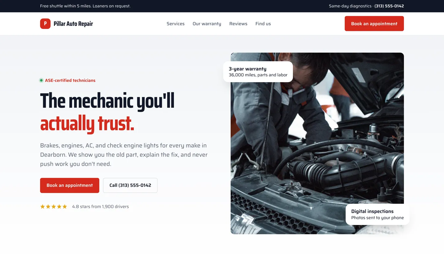 Pillar Auto Repair, a showcase auto repair shop website built by WeBuildYours