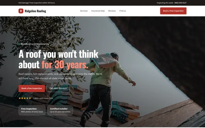 Ridgeline Roofing showcase website, desktop view