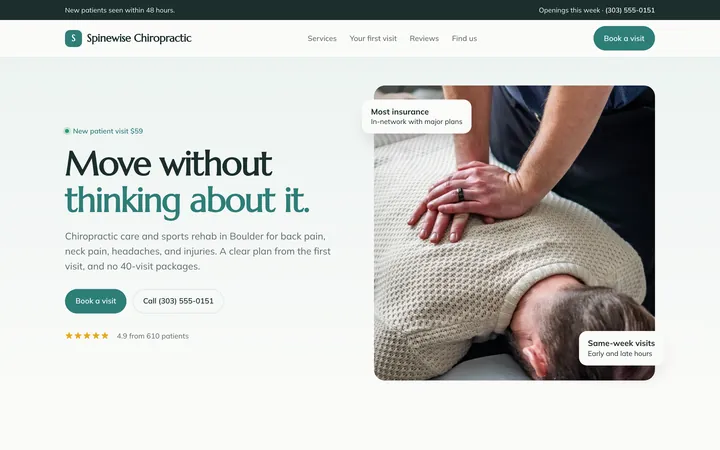 Spinewise Chiropractic showcase website, desktop view