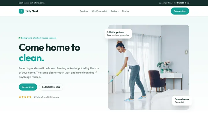 Tidy Nest showcase website, desktop view