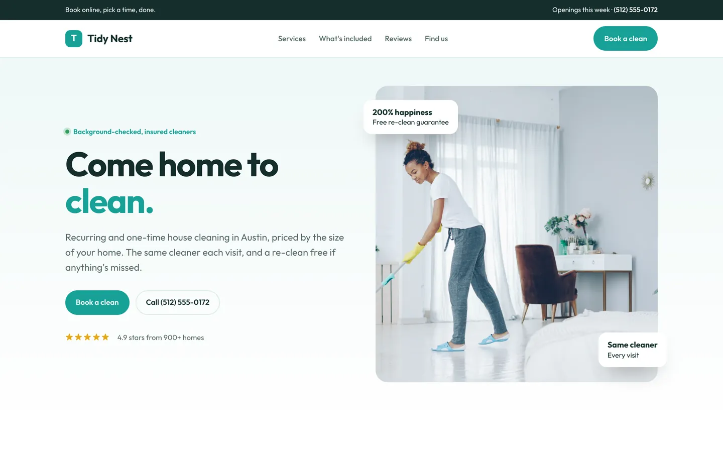 Tidy Nest, a showcase cleaning service website built by WeBuildYours
