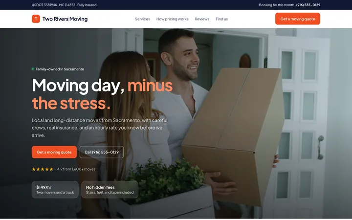 Two Rivers Moving showcase website, desktop view